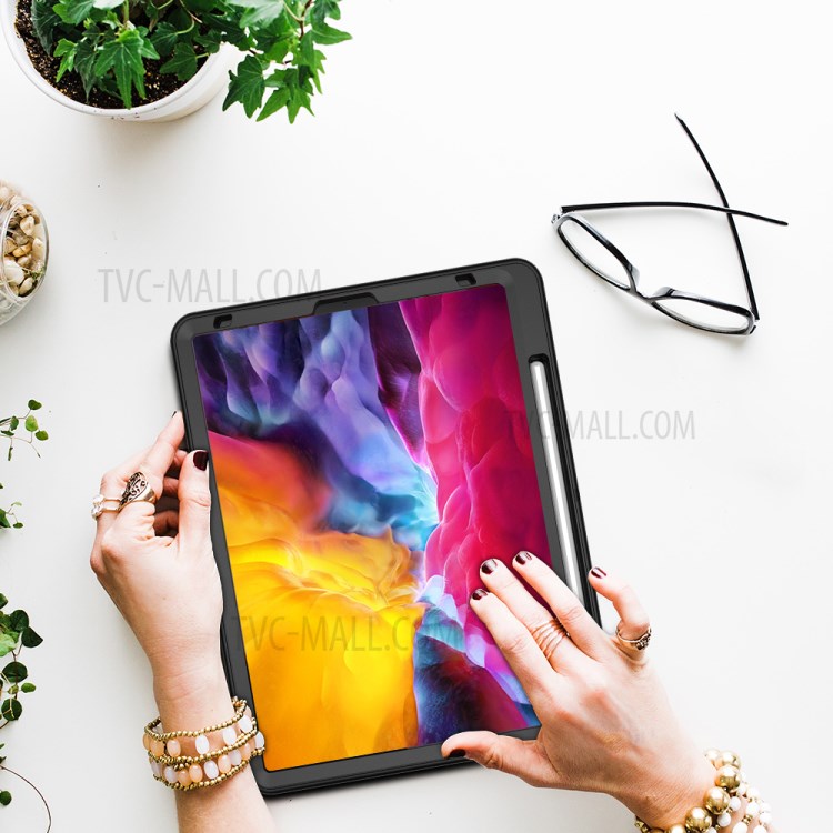 360° Swivel Handy Strap Kickstand PC + Silicone Combo Tablet Case with Shoulder Strap for iPad Pro 11-inch (2020)/(2018) - Black-24