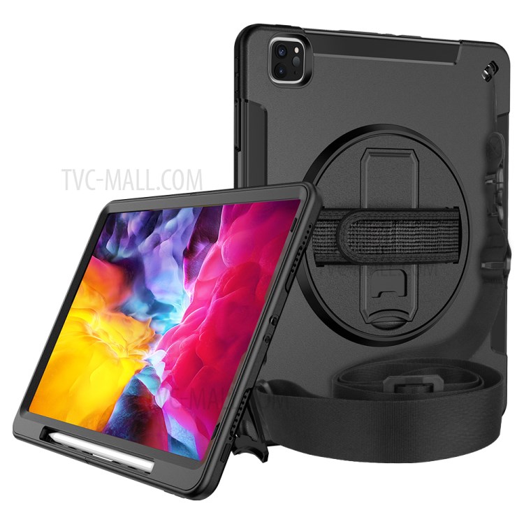 360° Swivel Handy Strap Kickstand PC + Silicone Combo Tablet Case with Shoulder Strap for iPad Pro 11-inch (2020)/(2018) - Black-3