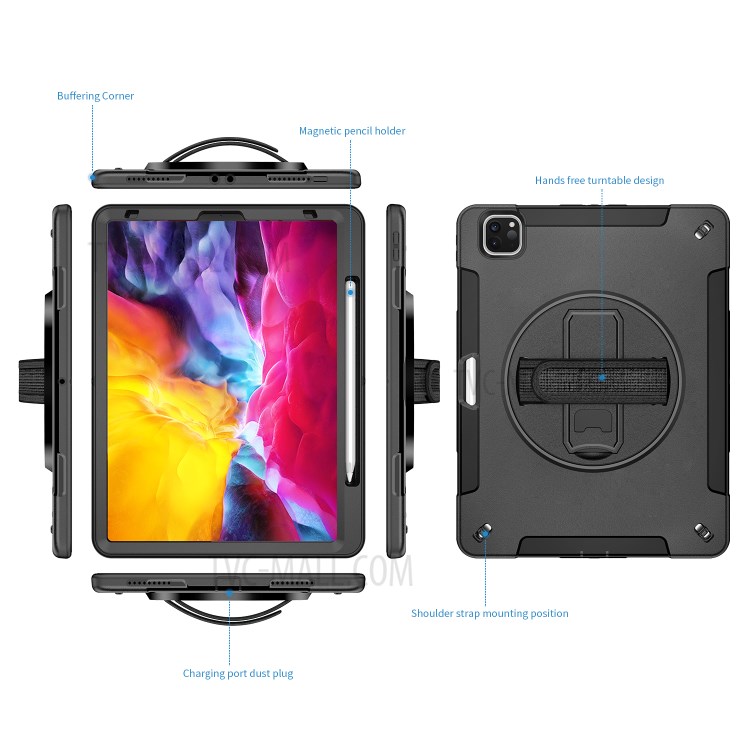 360° Swivel Handy Strap Kickstand PC + Silicone Combo Tablet Case with Shoulder Strap for iPad Pro 11-inch (2020)/(2018) - Black-30