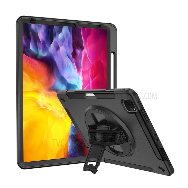 360° Swivel Handy Strap Kickstand PC + Silicone Combo Tablet Case with Shoulder Strap for iPad Pro 11-inch (2020)/(2018) - Black-32