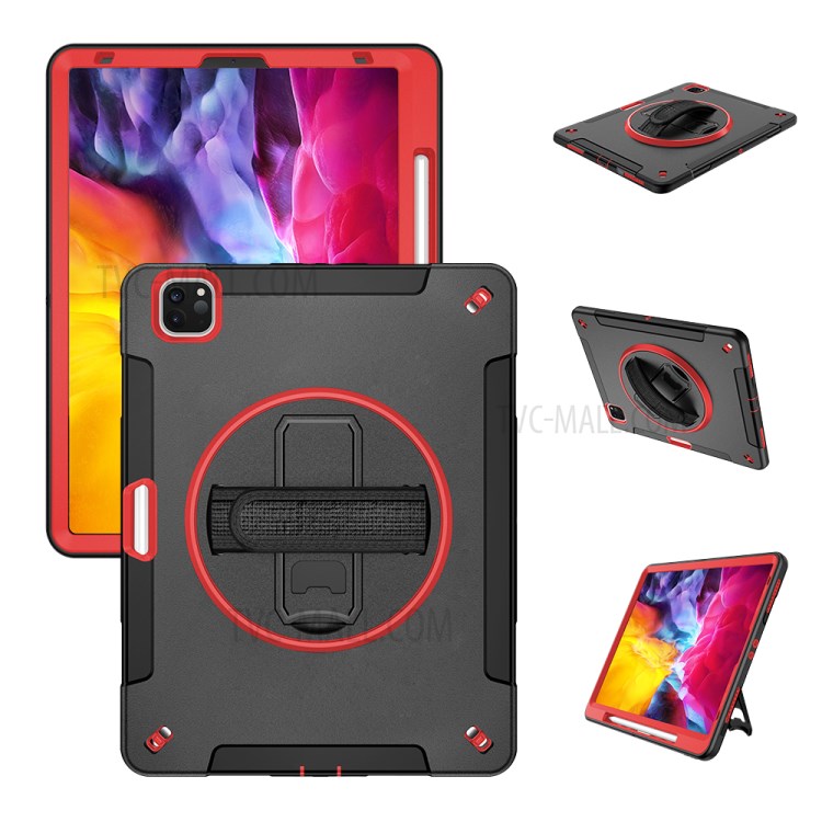 360° Swivel Handy Strap Kickstand PC + Silicone Combo Tablet Case with Shoulder Strap for iPad Pro 11-inch (2020)/(2018) - Rose-1