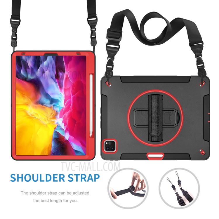 360° Swivel Handy Strap Kickstand PC + Silicone Combo Tablet Case with Shoulder Strap for iPad Pro 11-inch (2020)/(2018) - Rose-15