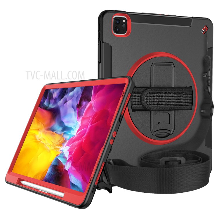 360° Swivel Handy Strap Kickstand PC + Silicone Combo Tablet Case with Shoulder Strap for iPad Pro 11-inch (2020)/(2018) - Rose-3
