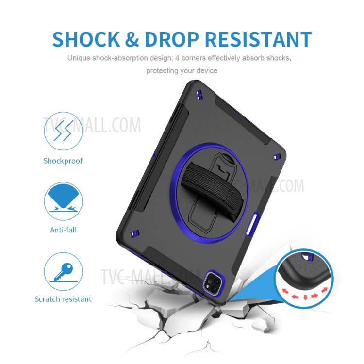 360° Swivel Handy Strap Kickstand PC + Silicone Combo Tablet Case with Shoulder Strap for iPad Pro 11-inch (2020)/(2018) - Blue-12