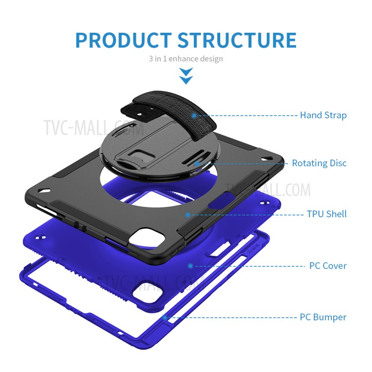 360° Swivel Handy Strap Kickstand PC + Silicone Combo Tablet Case with Shoulder Strap for iPad Pro 11-inch (2020)/(2018) - Blue-17