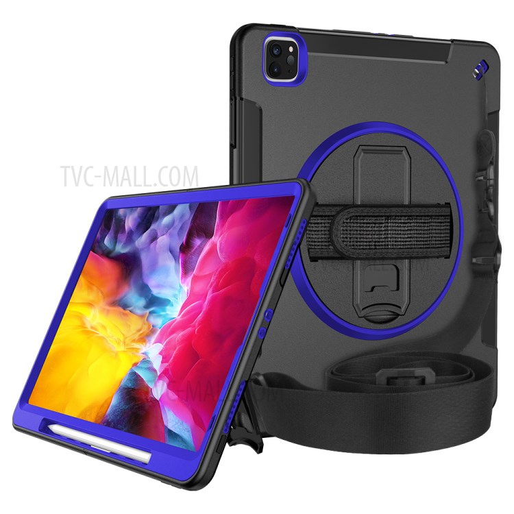 360° Swivel Handy Strap Kickstand PC + Silicone Combo Tablet Case with Shoulder Strap for iPad Pro 11-inch (2020)/(2018) - Blue-3