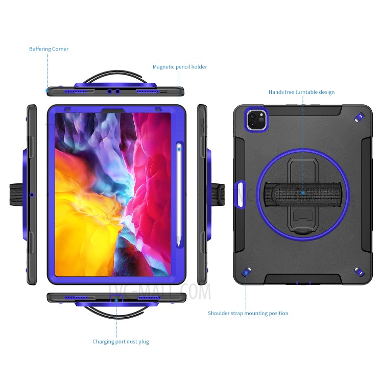 360° Swivel Handy Strap Kickstand PC + Silicone Combo Tablet Case with Shoulder Strap for iPad Pro 11-inch (2020)/(2018) - Blue-30