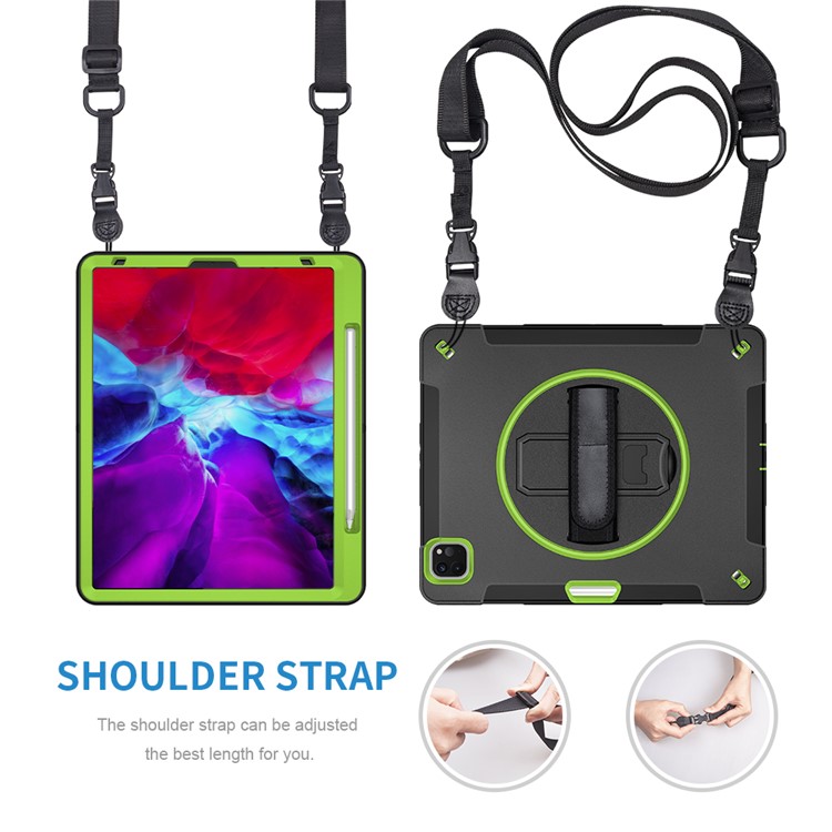 Für IPad Pro 12,9-Zoll (2021) / (2020) / (2018) 360 Grad Swivel Handy Strap Kickstand PC + Silikon-Tablet-Gehäuse Mit Schultergurt - Grün