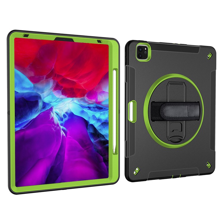 Para Ipad Pro 12,9 Polegadas (2021) / (2020) / (2018) 360 Graus Giratória Handy Strap Kickstand Pc + Tablet De Silicone Com Alça De Ombro - Verde