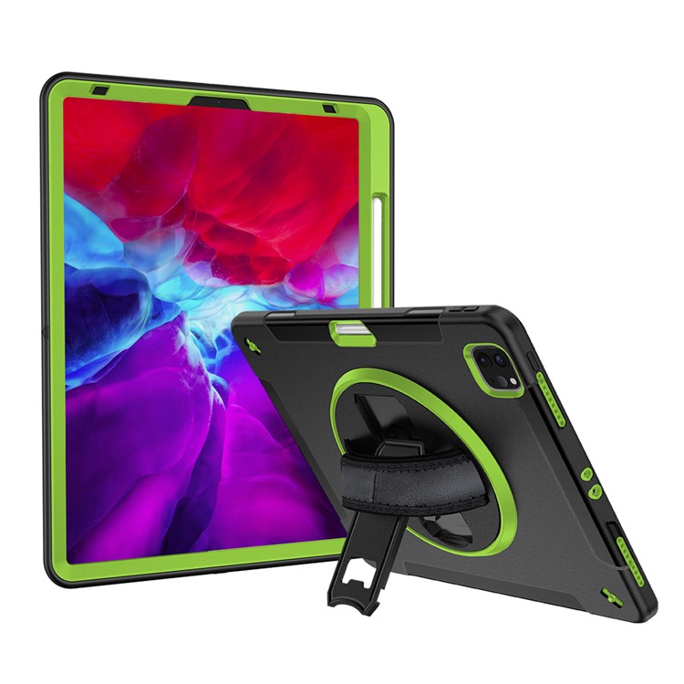 Für IPad Pro 12,9-Zoll (2021) / (2020) / (2018) 360 Grad Swivel Handy Strap Kickstand PC + Silikon-Tablet-Gehäuse Mit Schultergurt - Grün