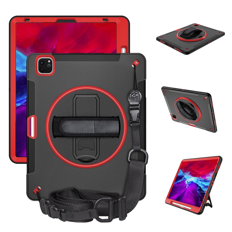 360° Swivel Handy Strap Kickstand PC + Silicone Hybrid Tablet Case with Shoulder Strap for iPad Pro 12.9-inch (2020)/(2018) - Rose-1