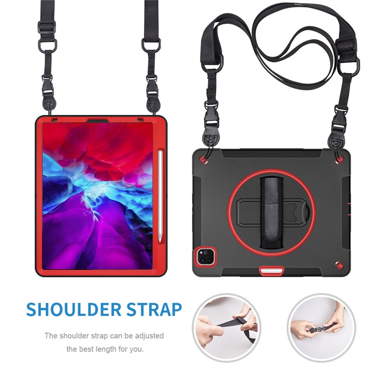 360° Swivel Handy Strap Kickstand PC + Silicone Hybrid Tablet Case with Shoulder Strap for iPad Pro 12.9-inch (2020)/(2018) - Rose-12