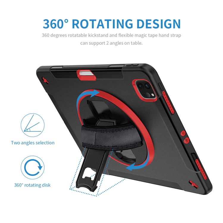 360° Swivel Handy Strap Kickstand PC + Silicone Hybrid Tablet Case with Shoulder Strap for iPad Pro 12.9-inch (2020)/(2018) - Rose-24