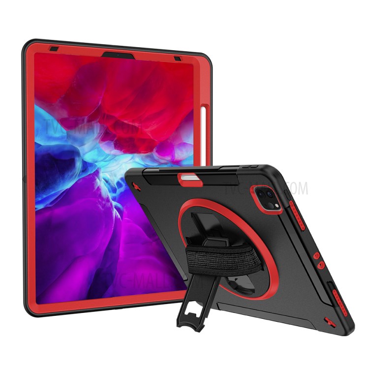 360° Swivel Handy Strap Kickstand PC + Silicone Hybrid Tablet Case with Shoulder Strap for iPad Pro 12.9-inch (2020)/(2018) - Rose-31