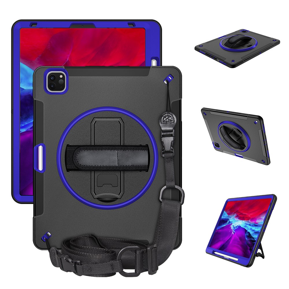 360° Swivel Handy Strap Kickstand PC + Silicone Hybrid Tablet Case with Shoulder Strap for iPad Pro 12.9-inch (2020)/(2018) - Blue-1
