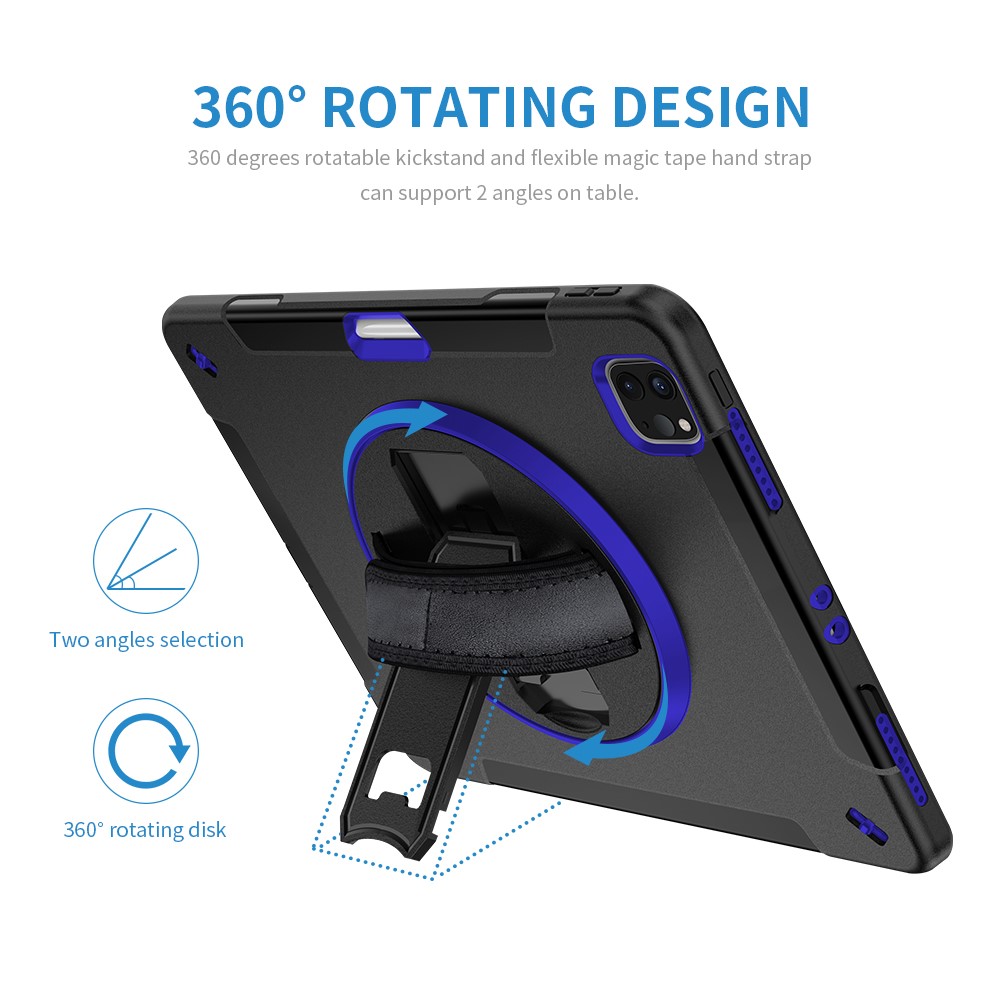 360° Swivel Handy Strap Kickstand PC + Silicone Hybrid Tablet Case with Shoulder Strap for iPad Pro 12.9-inch (2020)/(2018) - Blue-24
