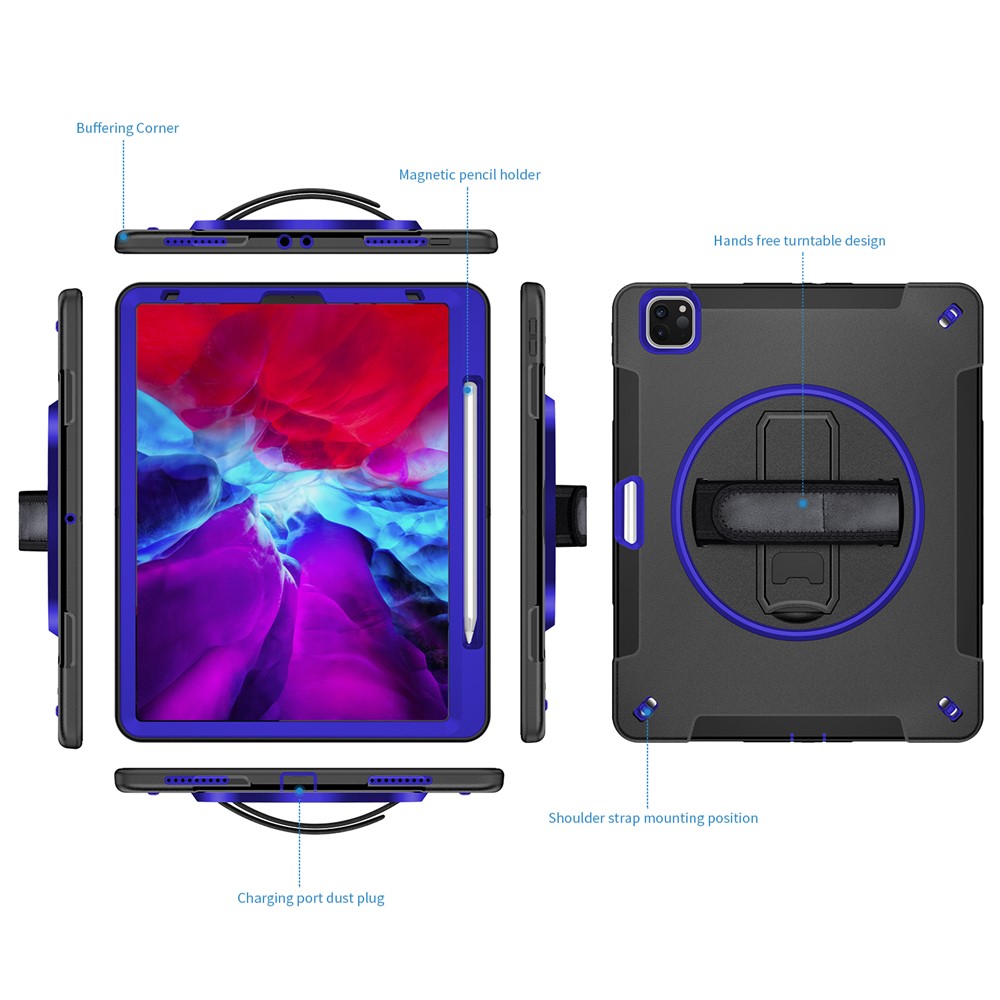 360° Swivel Handy Strap Kickstand PC + Silicone Hybrid Tablet Case with Shoulder Strap for iPad Pro 12.9-inch (2020)/(2018) - Blue-25