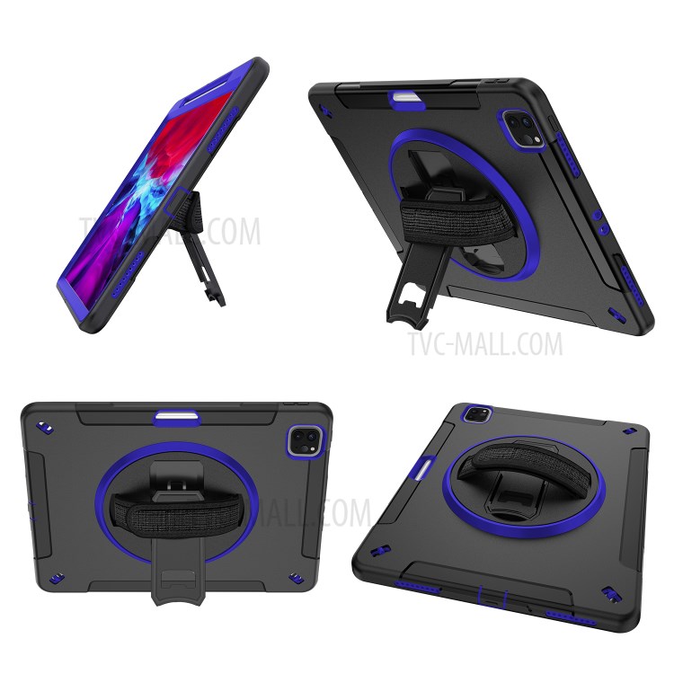 360° Swivel Handy Strap Kickstand PC + Silicone Hybrid Tablet Case with Shoulder Strap for iPad Pro 12.9-inch (2020)/(2018) - Blue-30