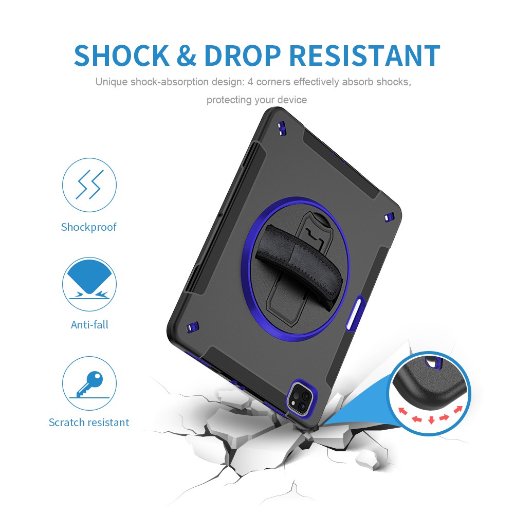 360° Swivel Handy Strap Kickstand PC + Silicone Hybrid Tablet Case with Shoulder Strap for iPad Pro 12.9-inch (2020)/(2018) - Blue-9