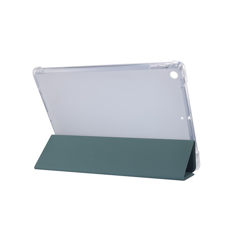 Skin Feel Tri-fold Stand Shockproof Leather Smart Case with Pen Slot for iPad 10.2 (2019) - Dark Green-3