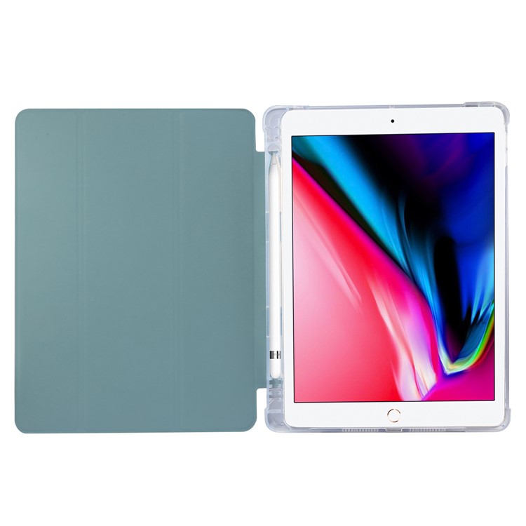 Skin Feel Tri-fold Stand Shockproof Leather Smart Case with Pen Slot for iPad 10.2 (2019) - Dark Green-4