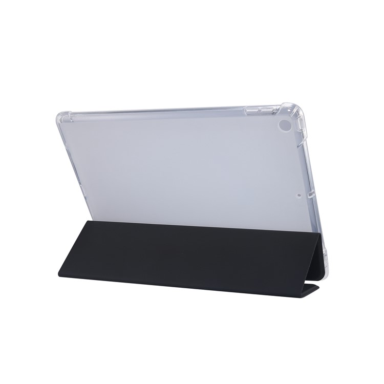 Skin Feel Tri-fold Stand Shockproof Leather Smart Case with Pen Slot for iPad 10.2 (2019) - Black-3