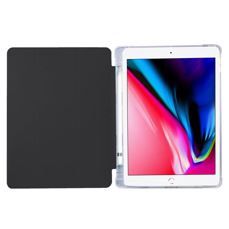 Skin Feel Tri-fold Stand Shockproof Leather Smart Case with Pen Slot for iPad 10.2 (2019) - Black-5