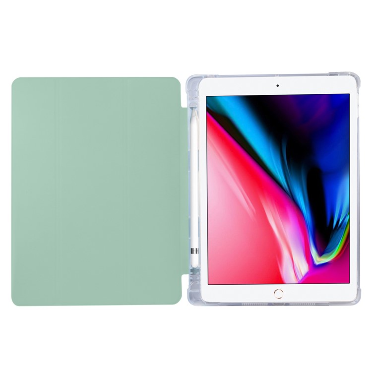 Skin Feel Tri-fold Stand Shockproof Leather Smart Case with Pen Slot for iPad 10.2 (2021)/(2020)/(2019) - Light Green-5