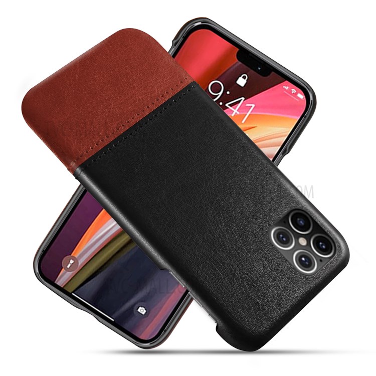 KSQ Dual-color Splicing PU Leather Coated Hard PC Case for iPhone 12 5.4 inch - Black / Dark Brown-1