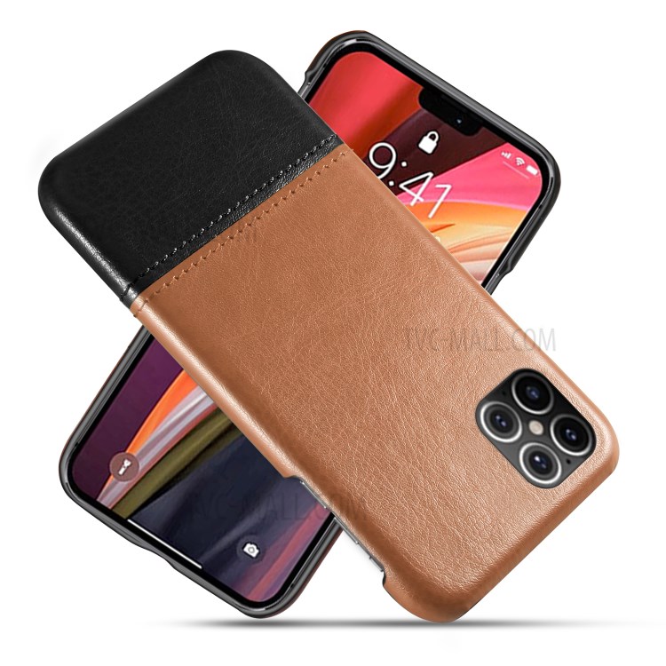 KSQ Dual-color Splicing PU Leather Coated Hard PC Case for iPhone 12 5.4 inch - Light Brown / Black-1
