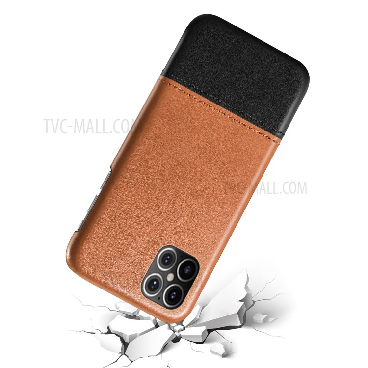 KSQ Dual-color Splicing PU Leather Coated Hard PC Case for iPhone 12 5.4 inch - Light Brown / Black-2