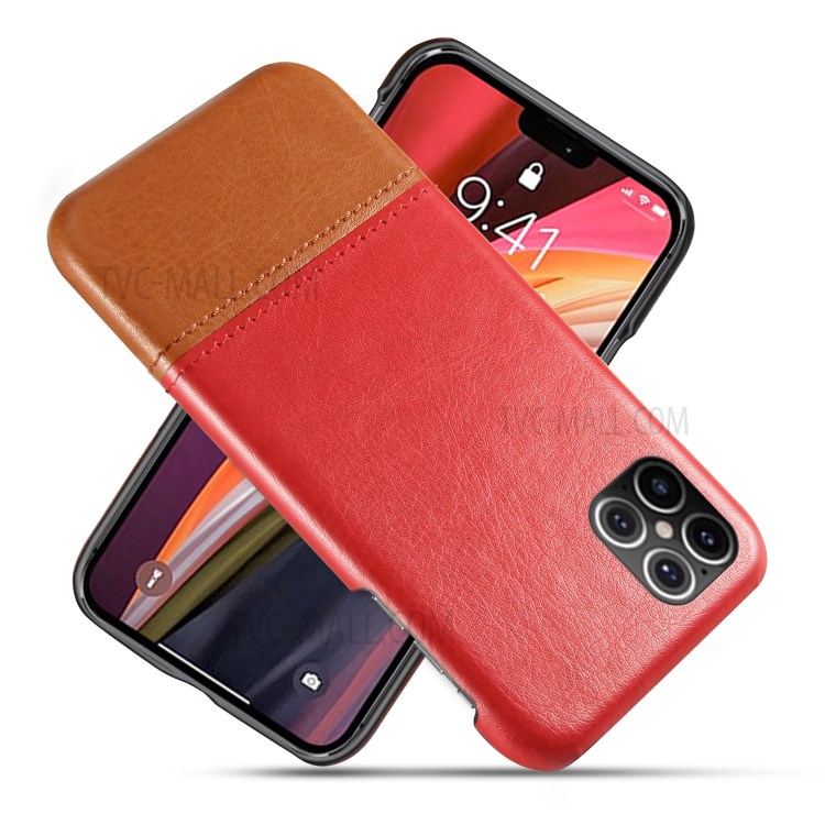 KSQ Dual-color Splicing PU Leather Coated Hard PC Case for iPhone 12 5.4 inch - Red / Orange-1