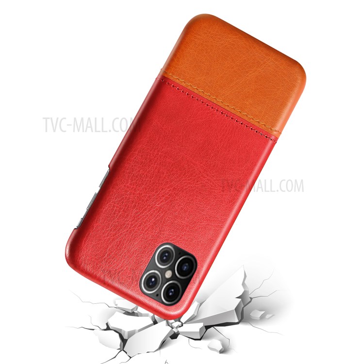 KSQ Dual-color Splicing PU Leather Coated Hard PC Case for iPhone 12 5.4 inch - Red / Orange-2