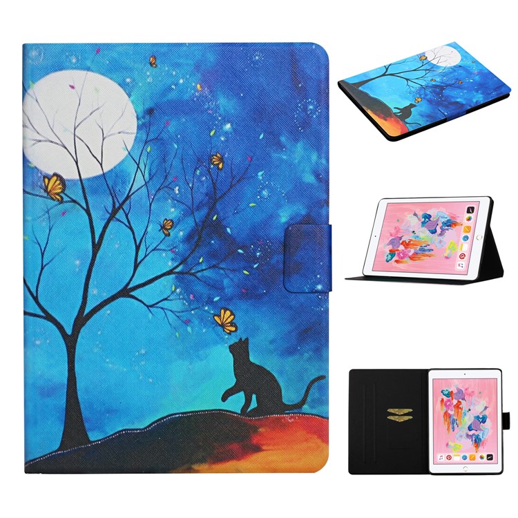 Pattern Printing with Card Slots Leather Case for iPad Air (2013)/iPad Air 2/iPad 9.7-inch (2017)/(2018) - Cat and Moon-1