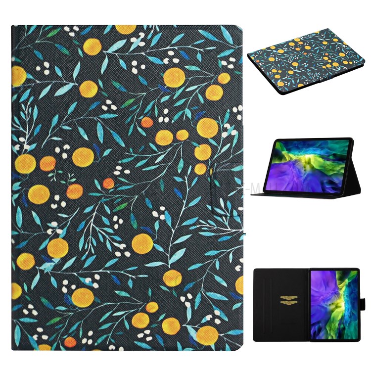 Flower Pattern Printing Card Holder Stand Leather Case for Apple iPad Pro 11-inch (2020)/(2018) - Orange-1