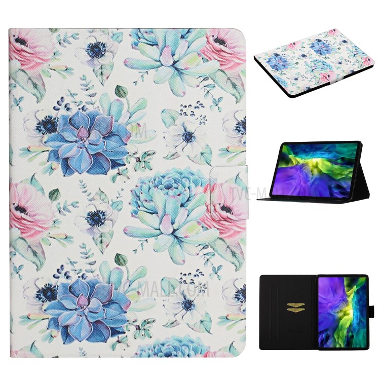Flower Pattern Printing Card Holder Stand Leather Case for Apple iPad Pro 11-inch (2020)/(2018) - Blue Flower-1