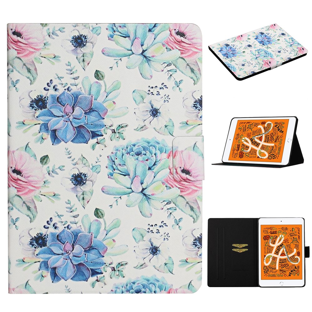 Flower Pattern Printing Card Holder Stand Tablet Shell for iPad mini (2019) 7.9 inch/4/3/2/1 - Blue Flower-1