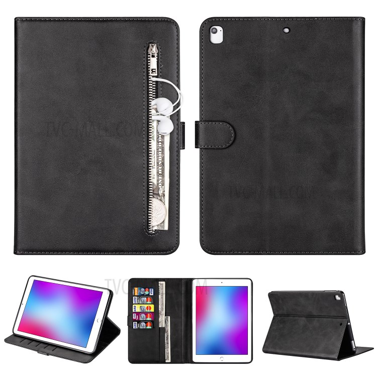 Zipper Pocket Leather Tablet Stylish Cover for iPad Air 2/(2013)/iPad 9.7-inch (2017)/(2018) - Black-1