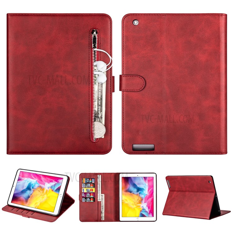 Zipper Pocket Wallet Stand Leather Tablet Protective Cover for iPad 2/3/4 - Red-1
