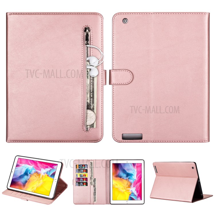 Zipper Pocket Wallet Stand Leather Tablet Protective Cover for iPad 2/3/4 - Rose Gold-1