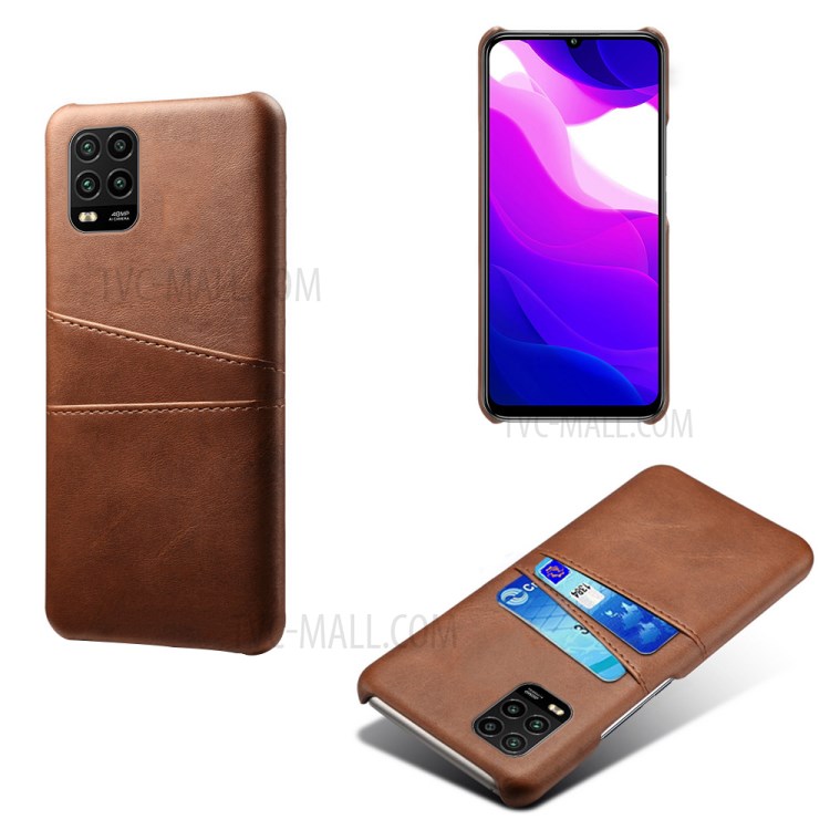 KSQ with Double Card Slots PU Leather Coated Hard PC Case for Xiaomi Mi 10 Lite 5G - Coffee-1