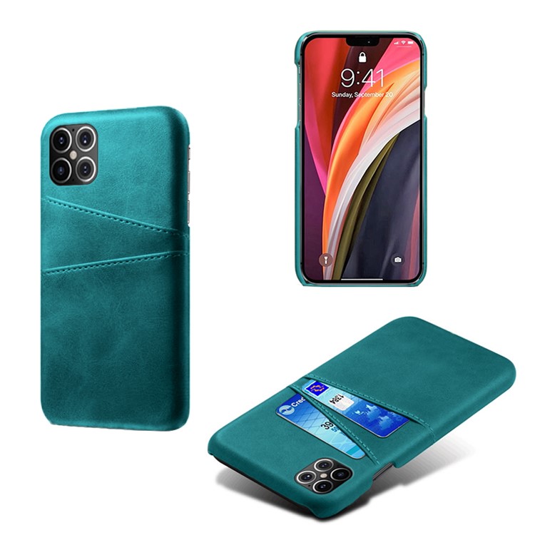 KSQ PU Leather Coated PC Shell with Double Card Slots for iPhone 12 Pro Max 6.7 inch - Cyan-1