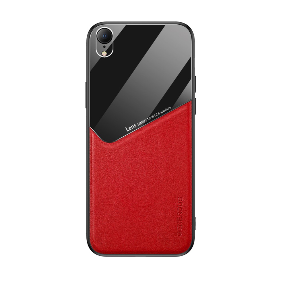Built-in Magnetic Metal Sheet Leather Coated Glass PC TPU Hybrid Case for iPhone XR - Red