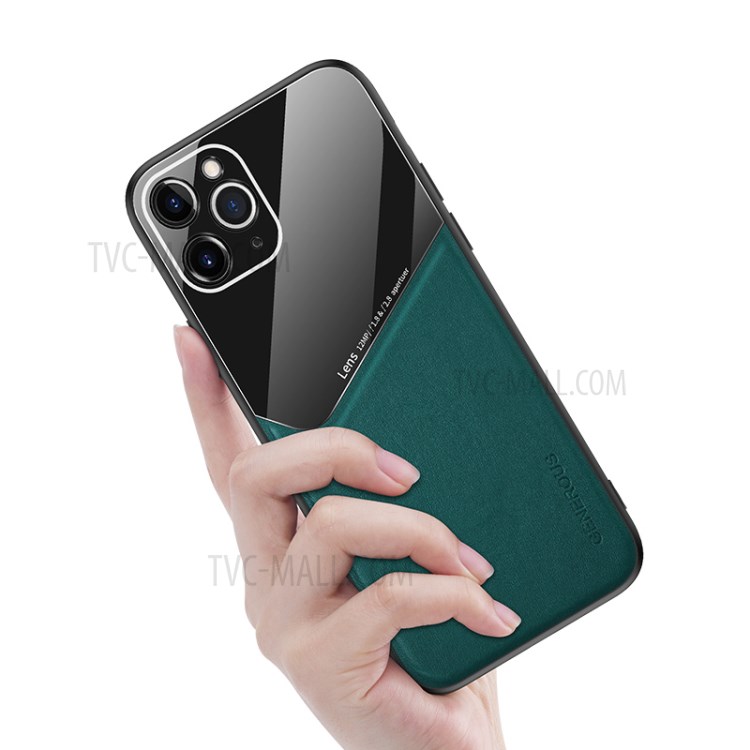 Built-in Magnetic Metal Sheet Leather Coated Glass PC TPU Hybrid Case for iPhone 11 Pro Max 6.5 inch - Green-3