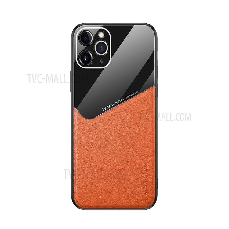 Built-in Magnetic Metal Sheet Leather Coated Glass PC TPU Hybrid Case for iPhone 11 Pro Max 6.5 inch - Orange-1