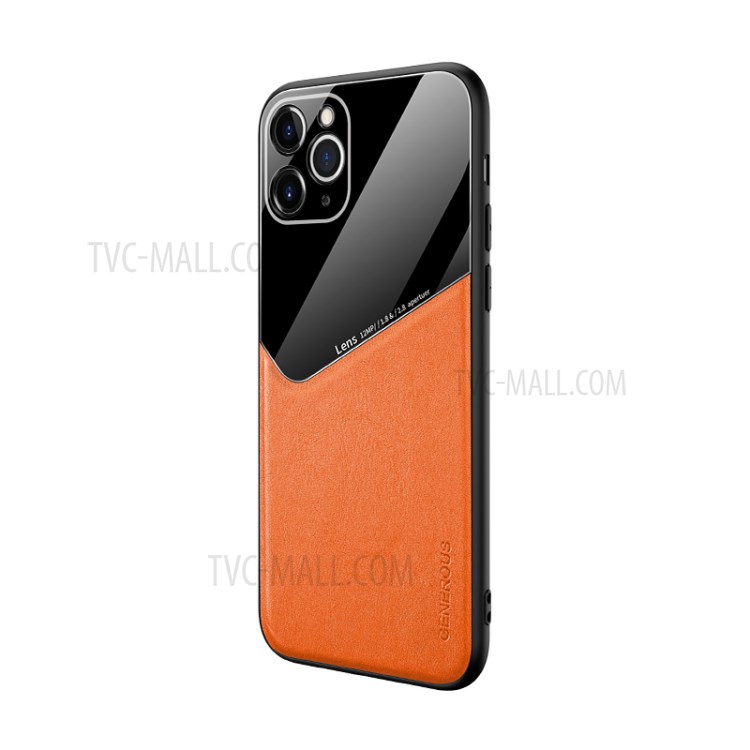 Built-in Magnetic Metal Sheet Leather Coated Glass PC TPU Hybrid Case for iPhone 11 Pro Max 6.5 inch - Orange-2