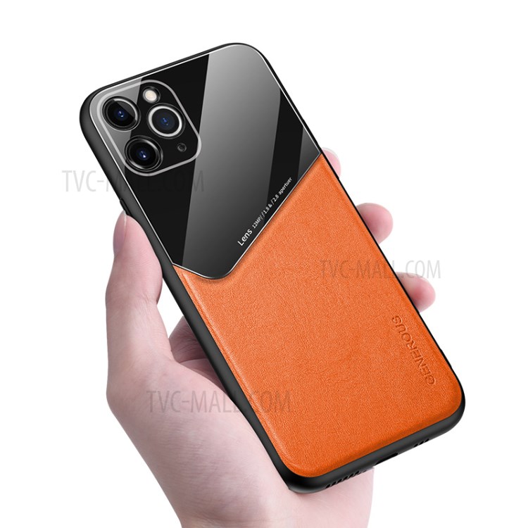 Built-in Magnetic Metal Sheet Leather Coated Glass PC TPU Hybrid Case for iPhone 11 Pro Max 6.5 inch - Orange-3