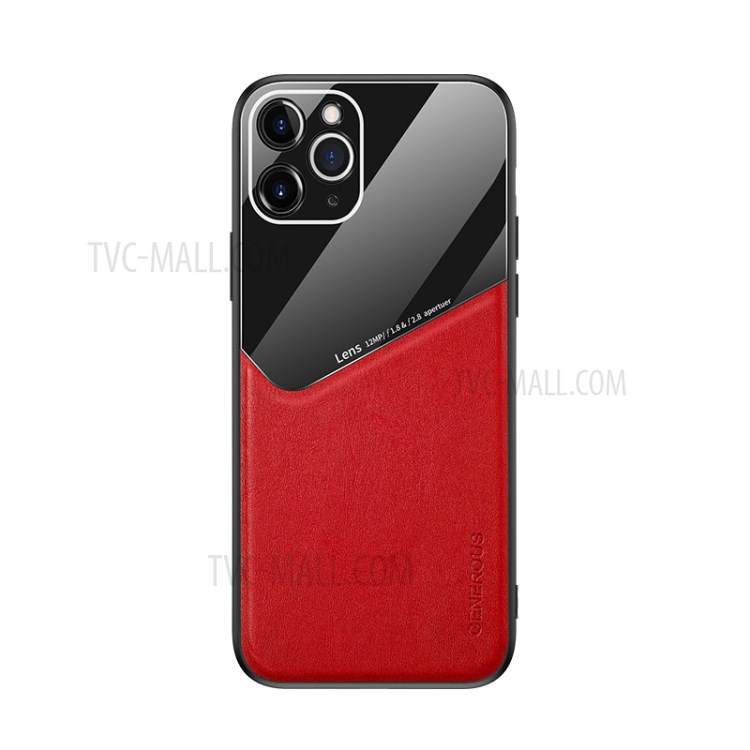 Built-in Magnetic Metal Sheet Leather Coated Glass PC TPU Hybrid Case for iPhone 11 Pro Max 6.5 inch - Red-1