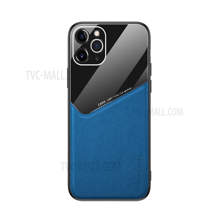 Built-in Magnetic Metal Sheet Leather Coated Glass PC TPU Hybrid Case for iPhone 11 Pro Max 6.5 inch - Blue-1
