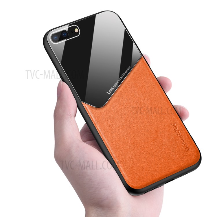 Built-in Magnetic Metal Sheet Leather Coated Glass PC TPU Combo Phone Case for iPhone 8 Plus/7 Plus 5.5 inch - Orange-3